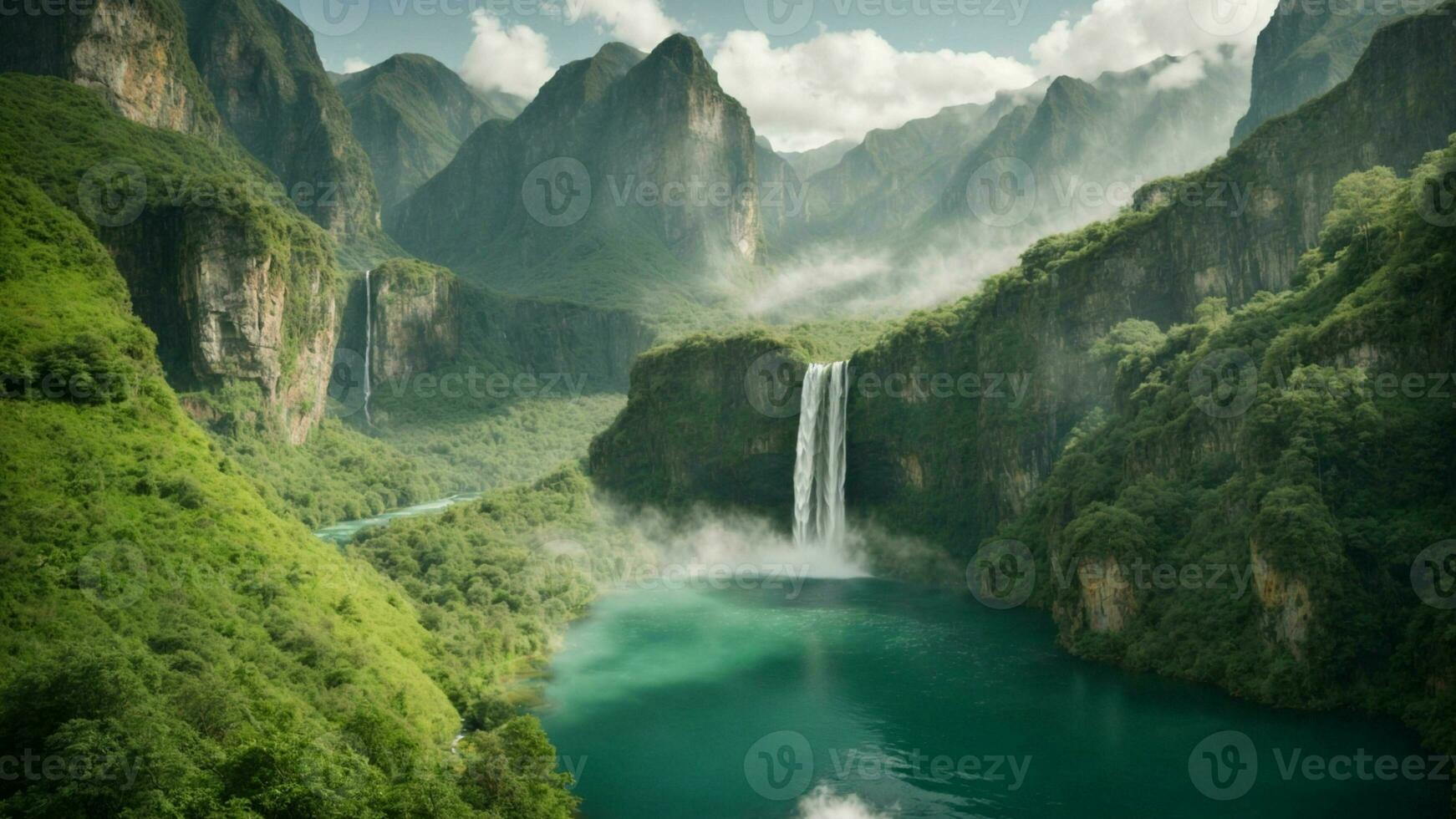 A serene, tranquil lake nestled in a verdant valley, surrounded by towering cliffs and cascading waterfalls, Nature Background AI Generative photo
