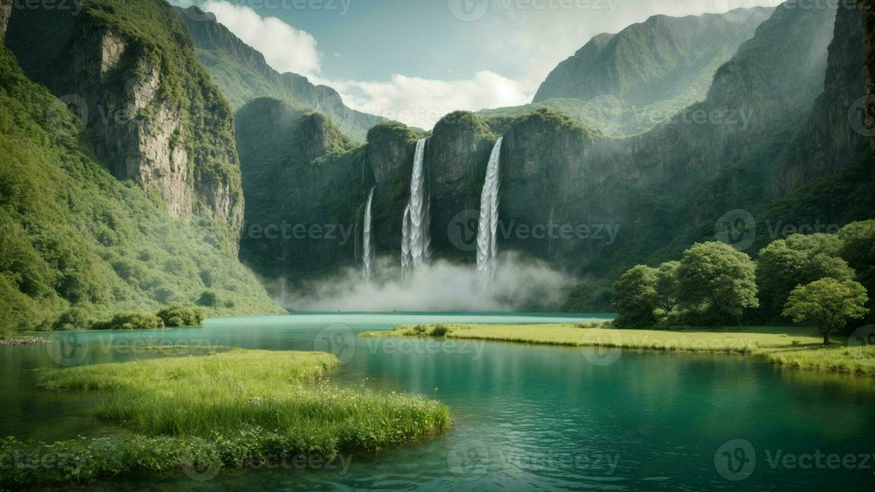 A serene, tranquil lake nestled in a verdant valley, surrounded by towering cliffs and cascading waterfalls, Nature Background AI Generative photo