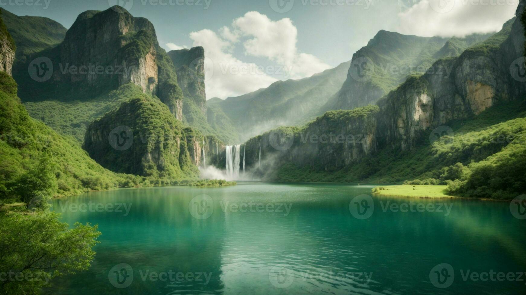 A serene, tranquil lake nestled in a verdant valley, surrounded by towering cliffs and cascading waterfalls, Nature Background AI Generative photo