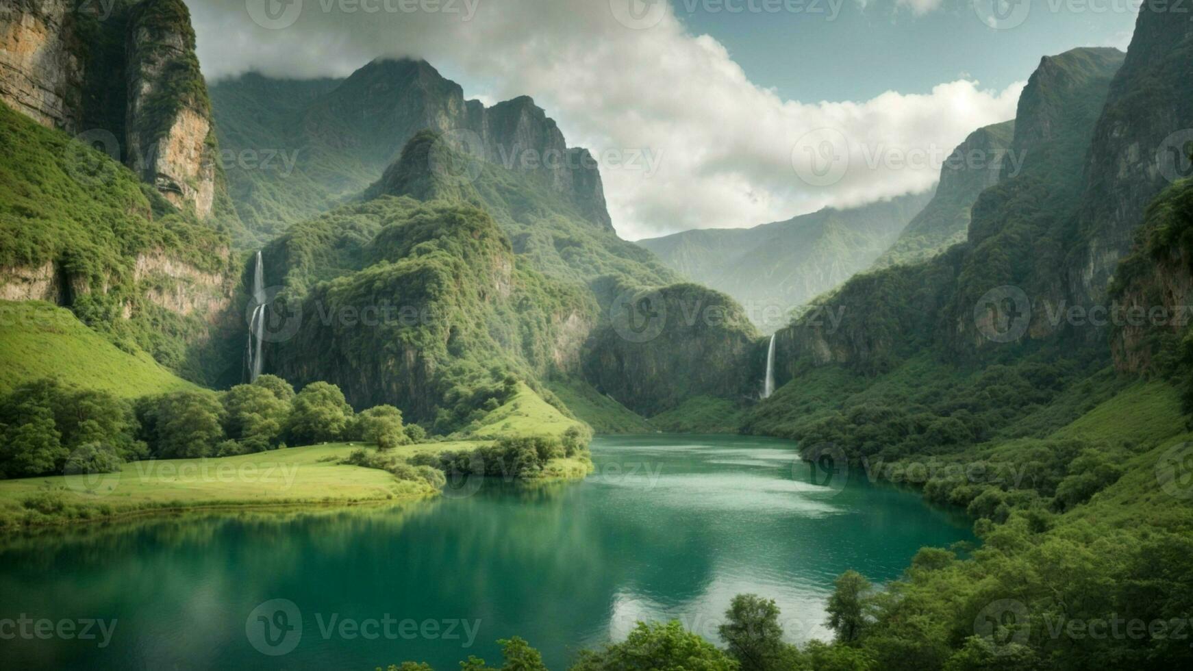 A serene, tranquil lake nestled in a verdant valley, surrounded by towering cliffs and cascading waterfalls, Nature Background AI Generative photo