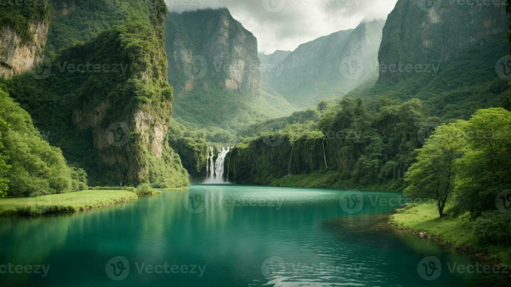 A serene, tranquil lake nestled in a verdant valley, surrounded by towering cliffs and cascading waterfalls, Nature Background AI Generative photo