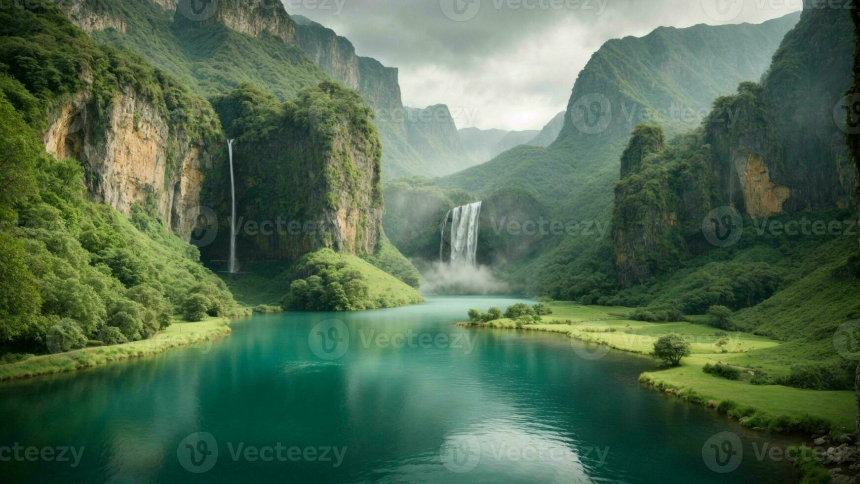 A serene, tranquil lake nestled in a verdant valley, surrounded by towering cliffs and cascading waterfalls, Nature Background AI Generative photo