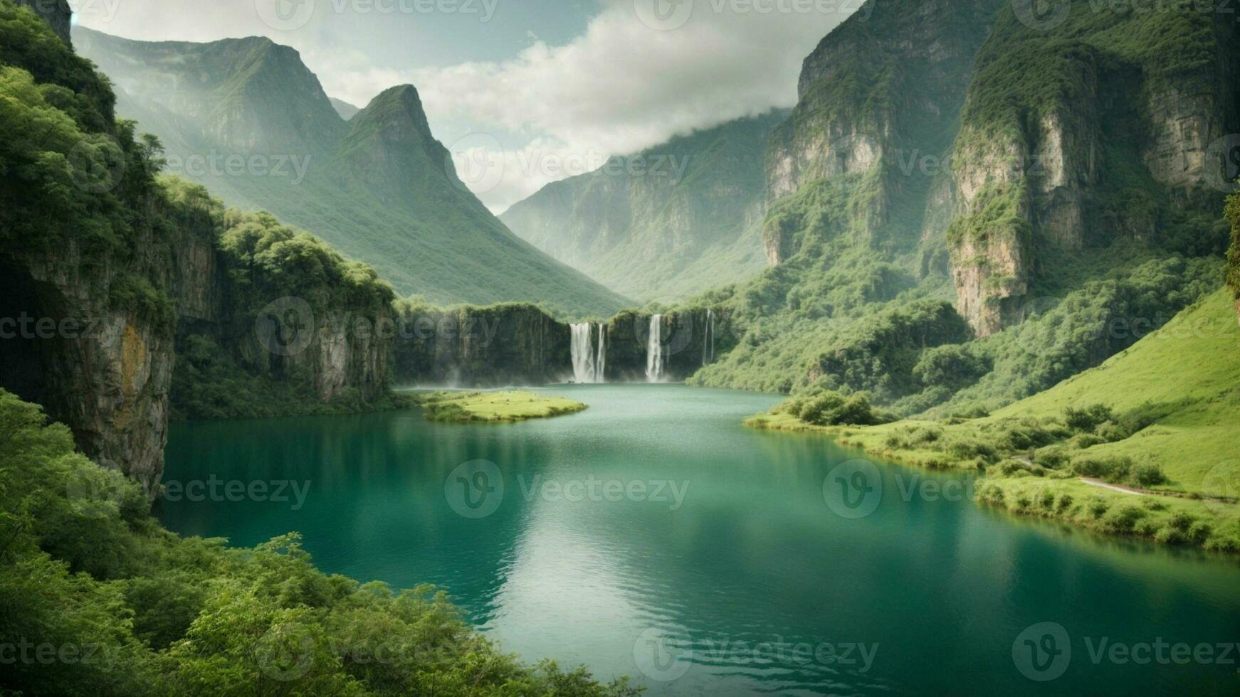 A serene, tranquil lake nestled in a verdant valley, surrounded by towering cliffs and cascading waterfalls, Nature Background AI Generative photo
