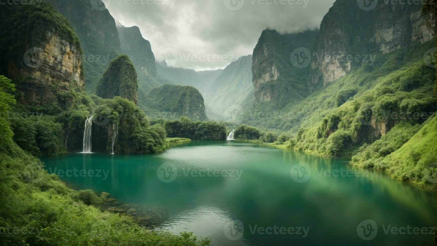 A serene, tranquil lake nestled in a verdant valley, surrounded by towering cliffs and cascading waterfalls, Nature Background AI Generative photo