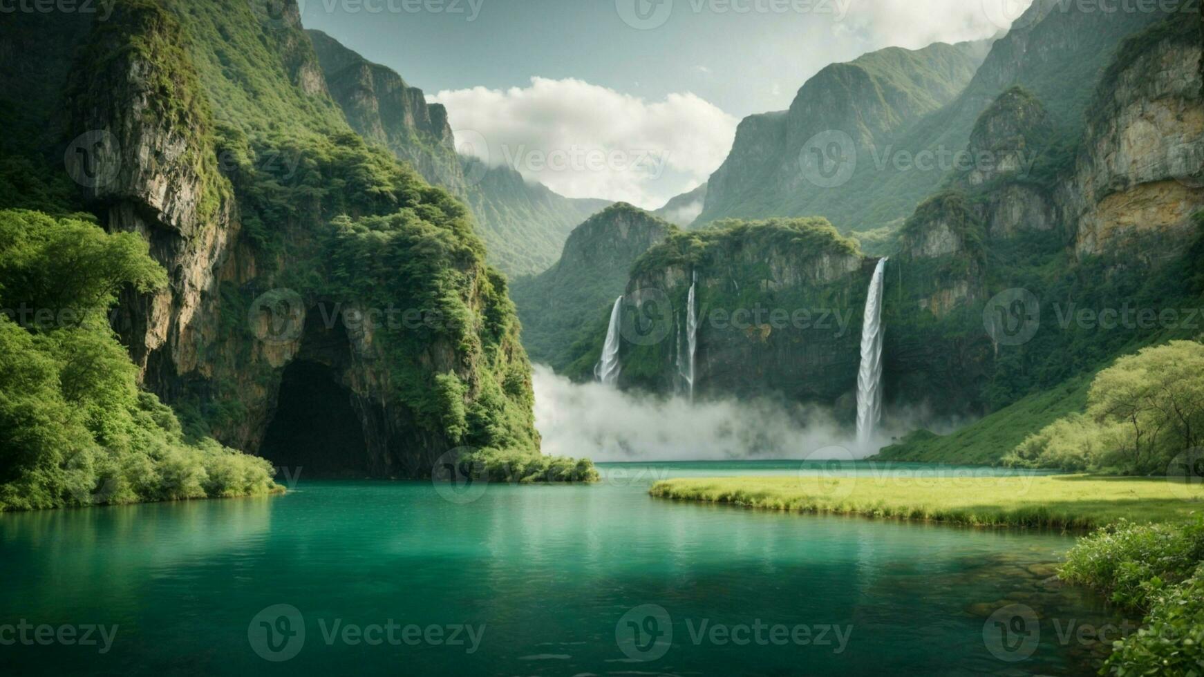 A serene, tranquil lake nestled in a verdant valley, surrounded by towering cliffs and cascading waterfalls, Nature Background AI Generative photo
