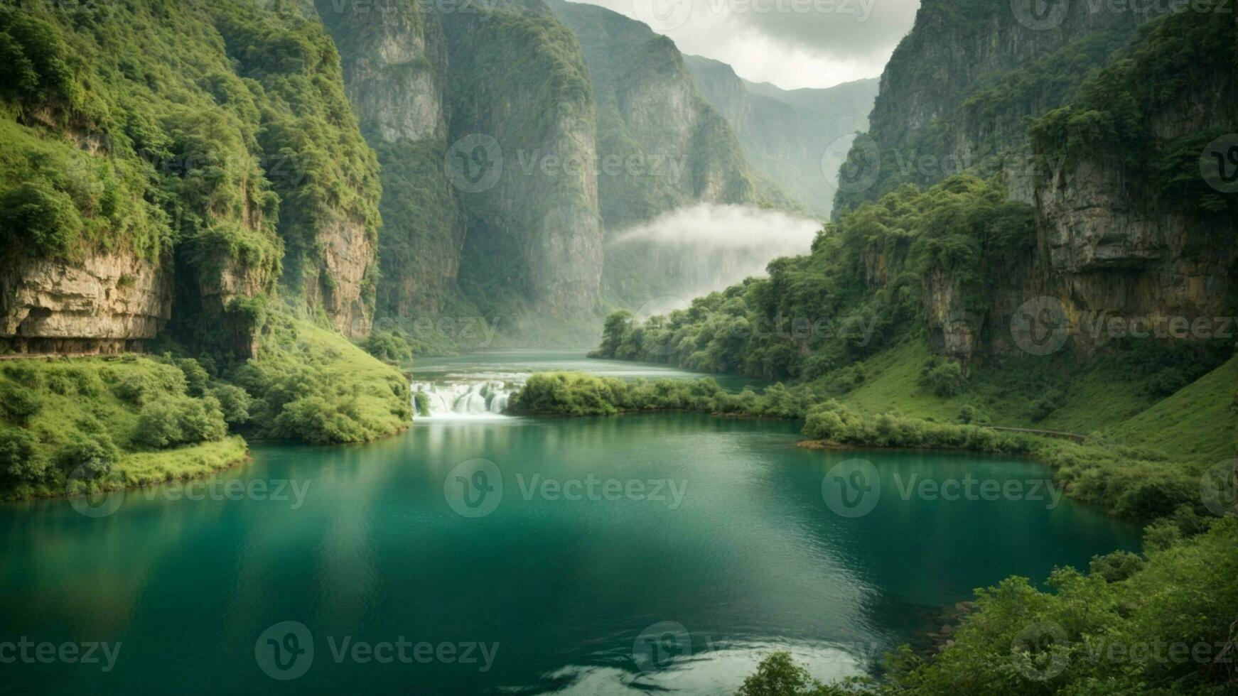A serene, tranquil lake nestled in a verdant valley, surrounded by towering cliffs and cascading waterfalls, Nature Background AI Generative photo