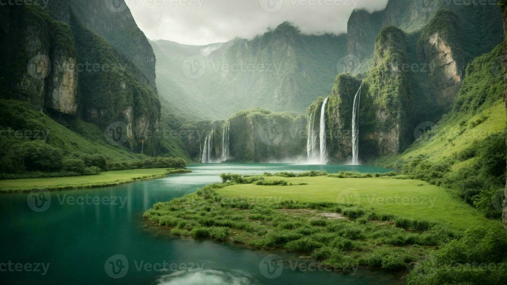 A serene, tranquil lake nestled in a verdant valley, surrounded by towering cliffs and cascading waterfalls, Nature Background AI Generative photo