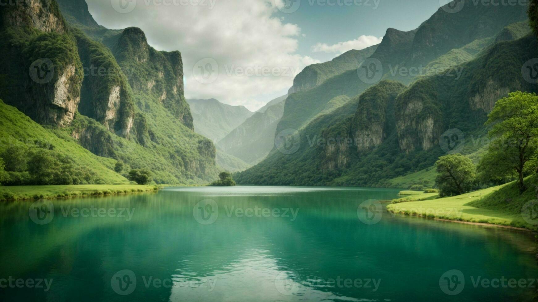 A serene, tranquil lake nestled in a verdant valley, surrounded by towering cliffs and cascading waterfalls, Nature Background AI Generative photo