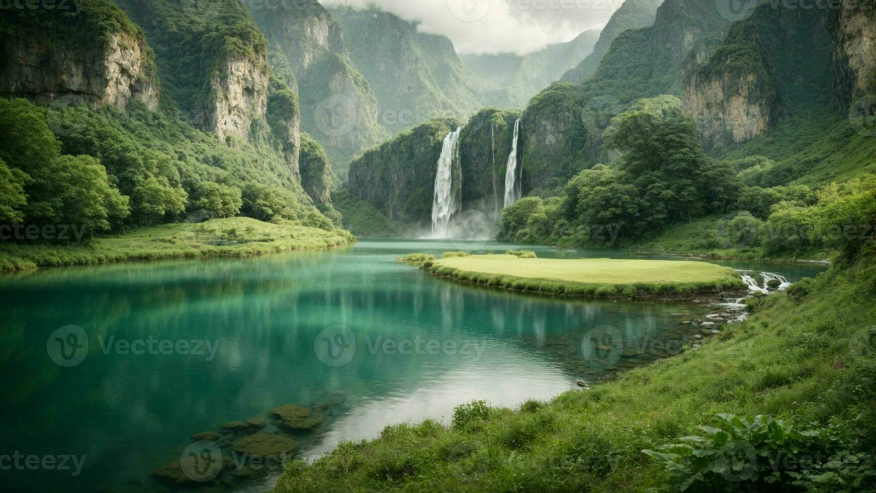 A serene, tranquil lake nestled in a verdant valley, surrounded by towering cliffs and cascading waterfalls, Nature Background AI Generative photo