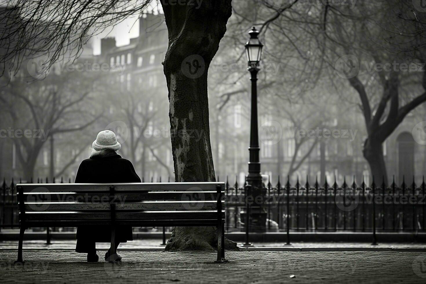 Elderly woman sitting on a bench in park, loneliness photo