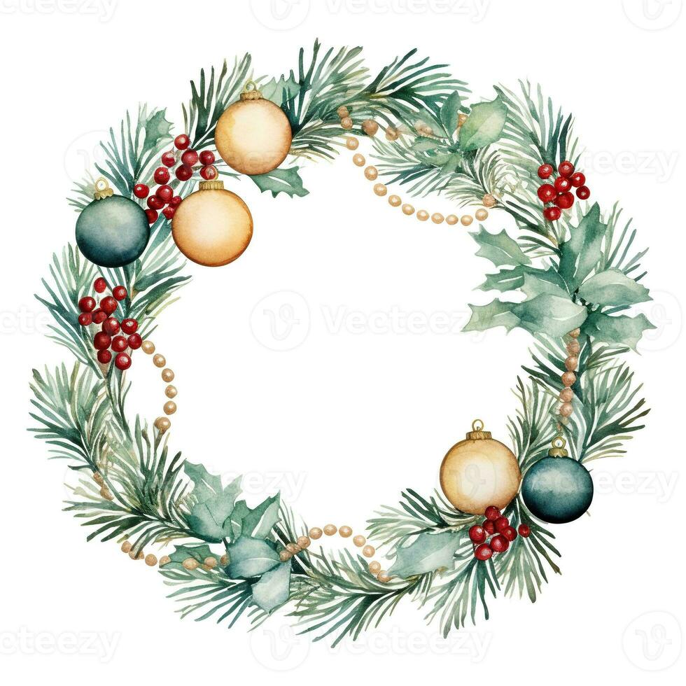 Christmas wreath of blue and gold balls and spruce branches. Watercolor illustration photo