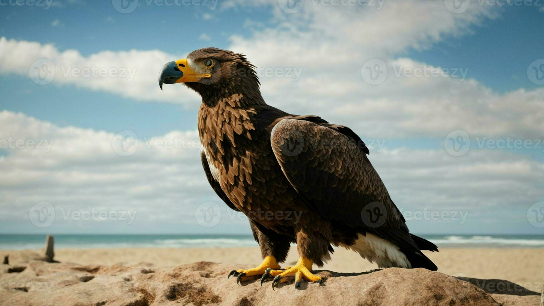 A beautiful summer day with blue sky and a lone Steller's sea eagle over the beach AI Generative photo