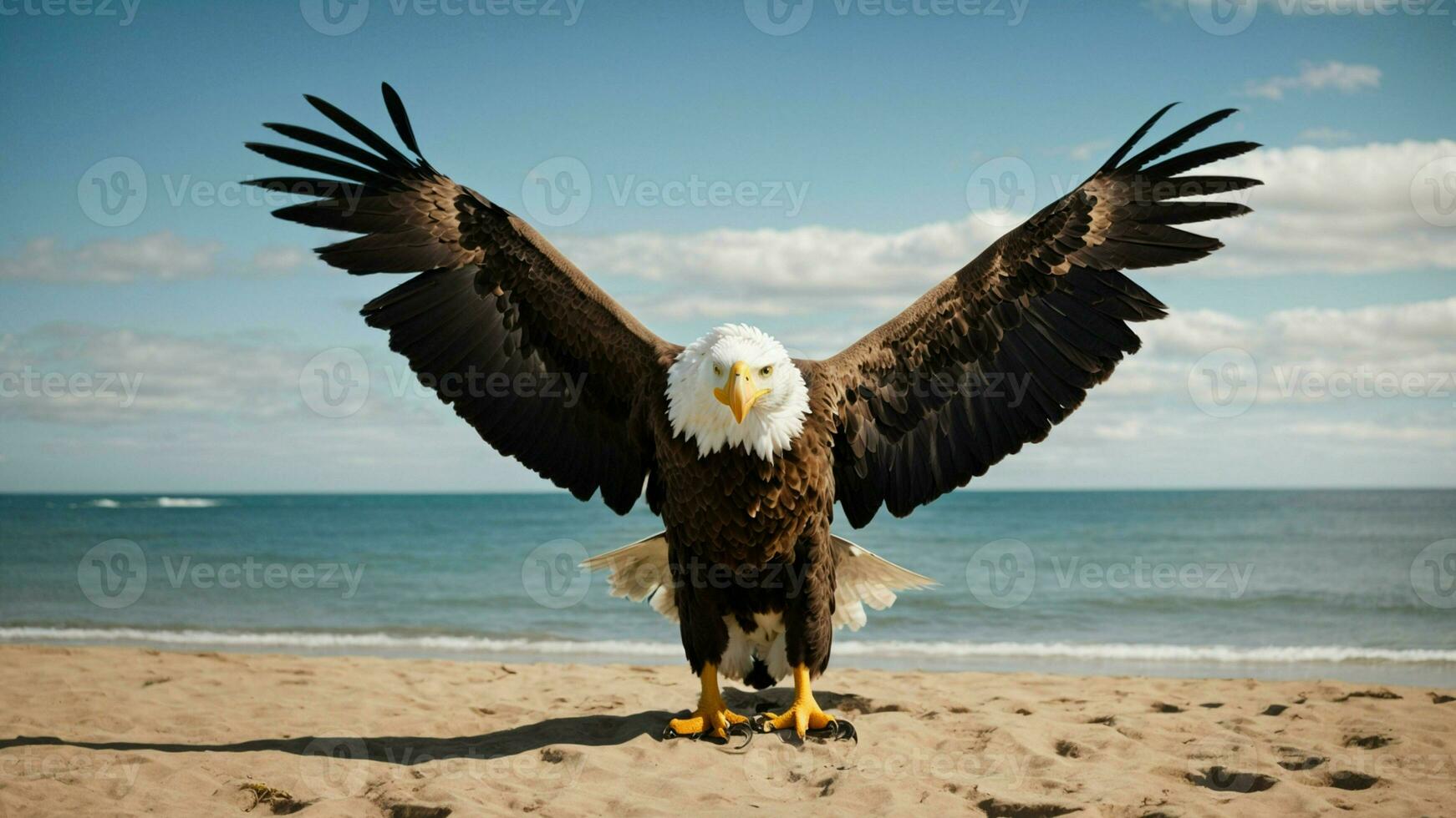 A beautiful summer day with blue sky and a lone Steller's sea eagle over the beach AI Generative photo