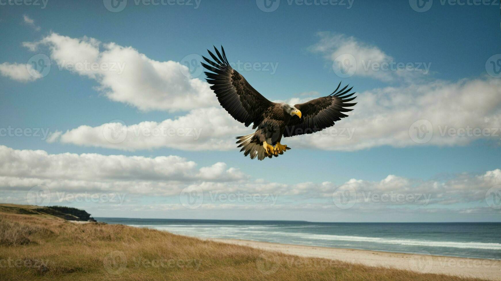 un hermosa verano día con azul cielo y un solitario de Steller mar águila terminado el playa ai generativo foto