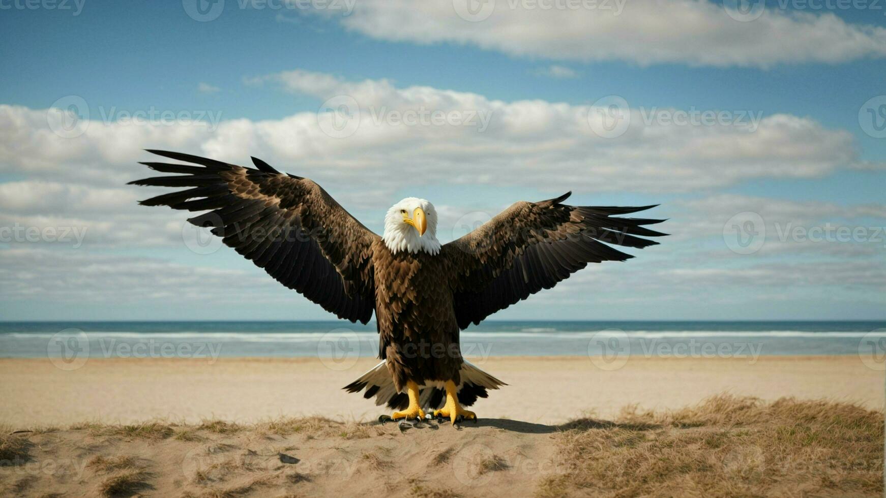 A beautiful summer day with blue sky and a lone Steller's sea eagle over the beach AI Generative photo