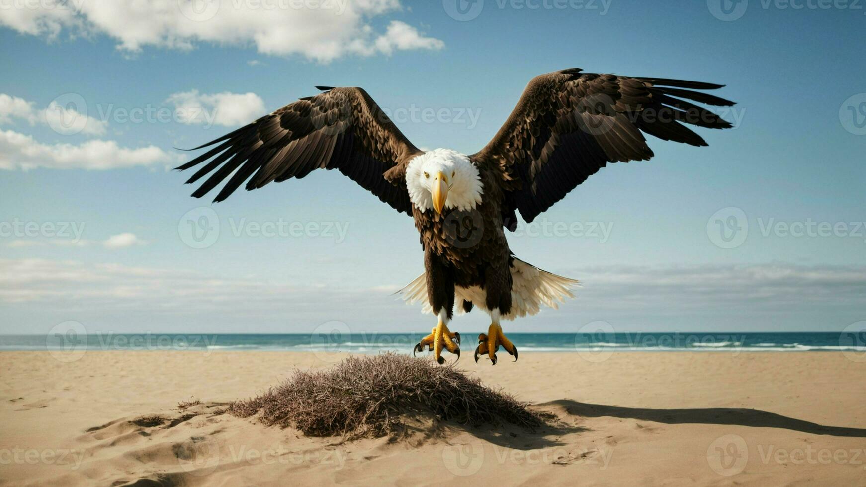 A beautiful summer day with blue sky and a lone Steller's sea eagle over the beach AI Generative photo