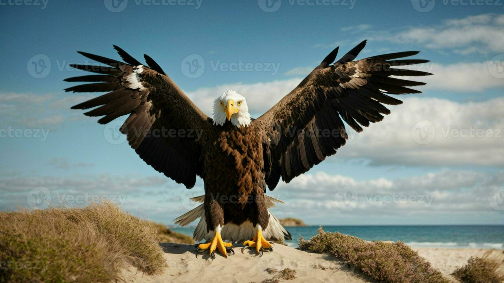 A beautiful summer day with blue sky and a lone Steller's sea eagle over the beach AI Generative photo