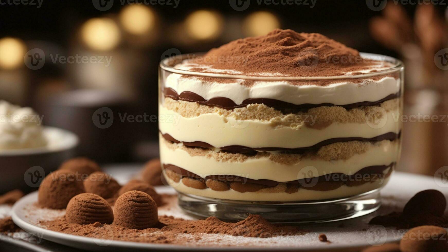 A close-up shot of a freshly prepared tiramisu, focusing on the layers of coffee-soaked ladyfingers AI Generative photo