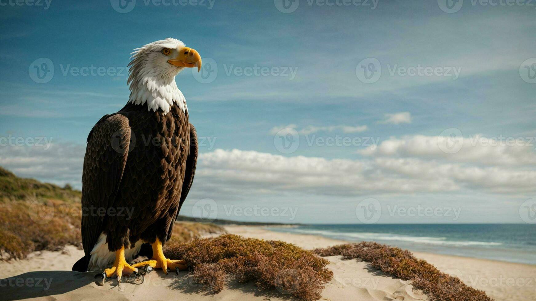 A beautiful summer day with blue sky and a lone Steller's sea eagle over the beach AI Generative photo