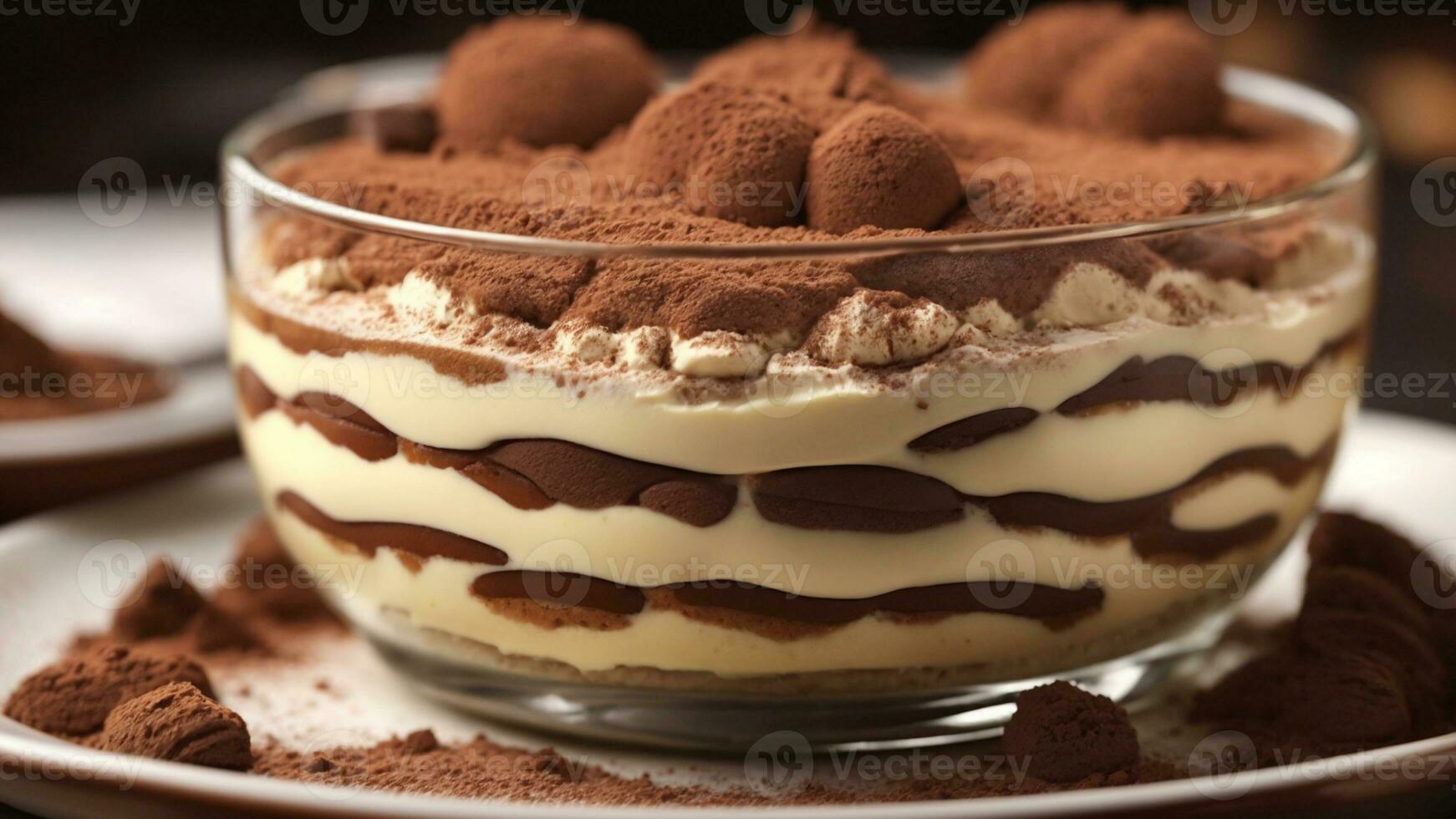 A close-up shot of a freshly prepared tiramisu, focusing on the layers of coffee-soaked ladyfingers AI Generative photo