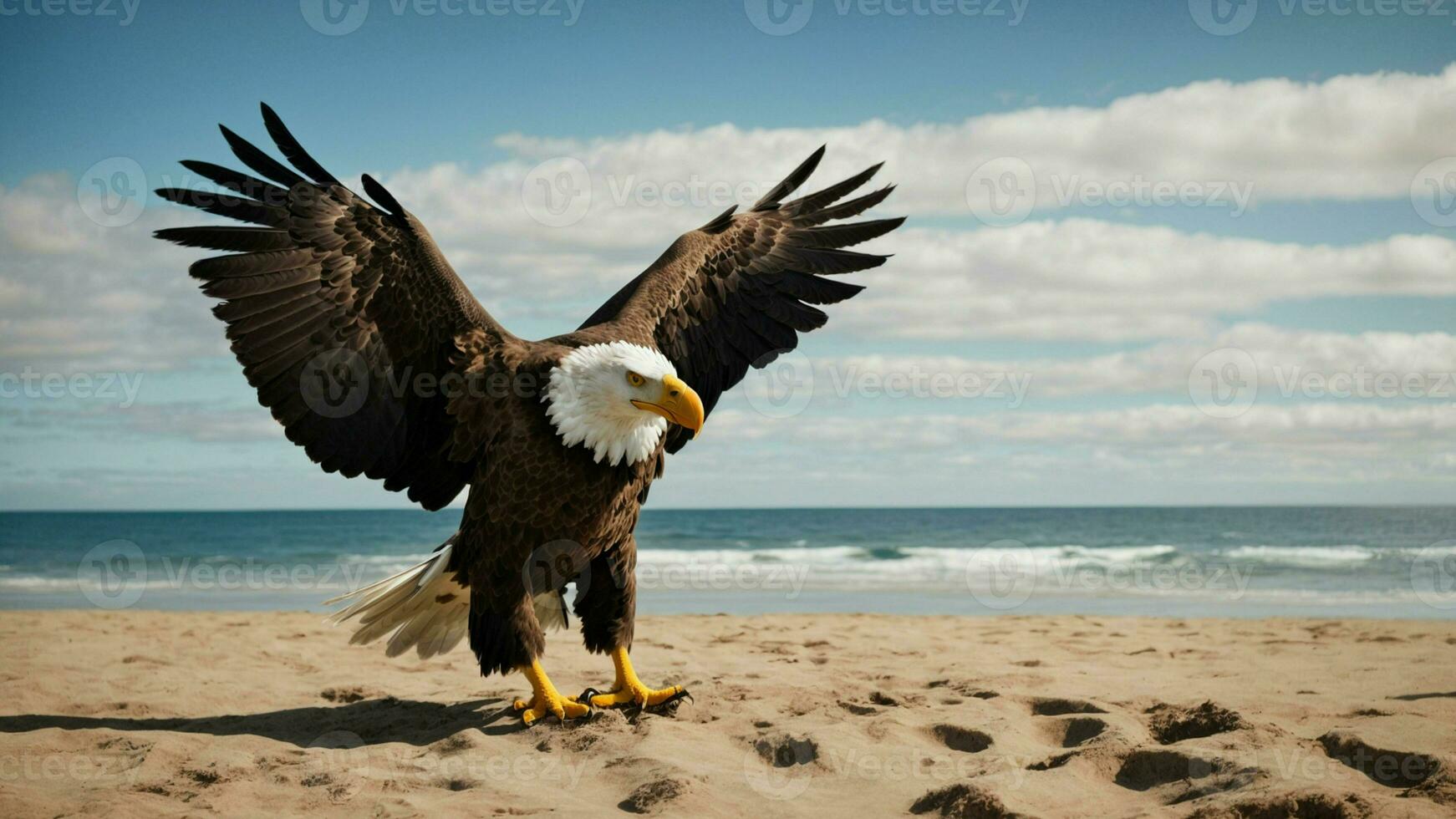 A beautiful summer day with blue sky and a lone Steller's sea eagle over the beach AI Generative photo