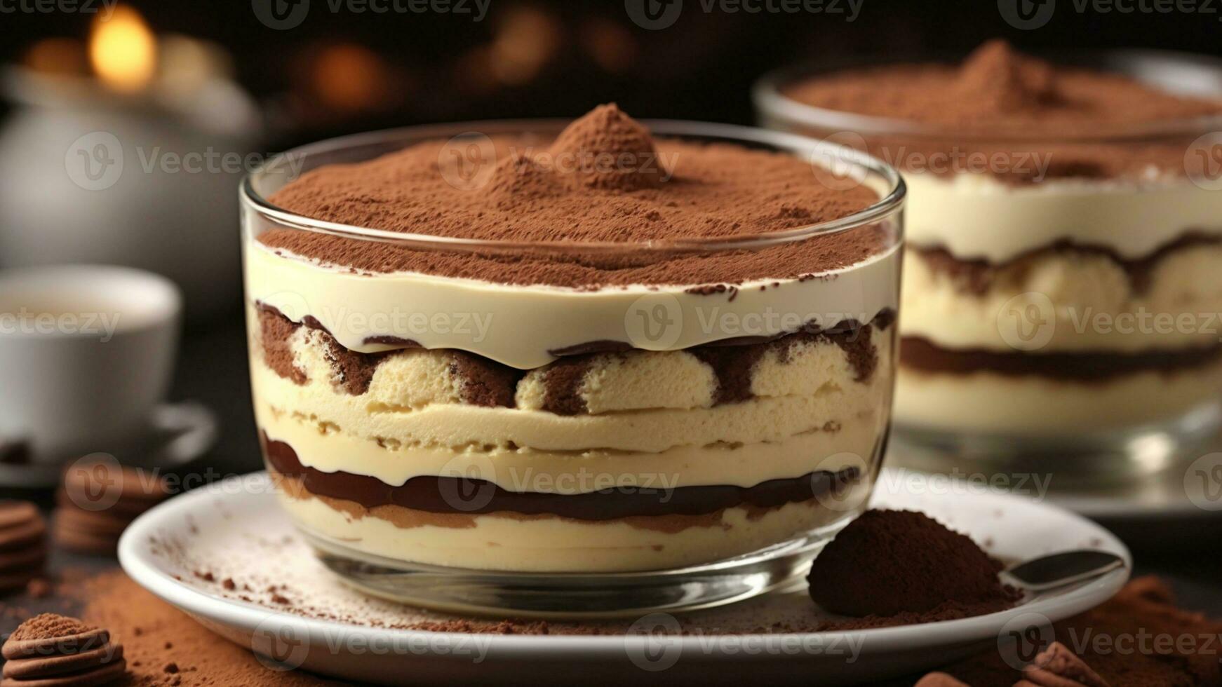 A close-up shot of a freshly prepared tiramisu, focusing on the layers of coffee-soaked ladyfingers AI Generative photo