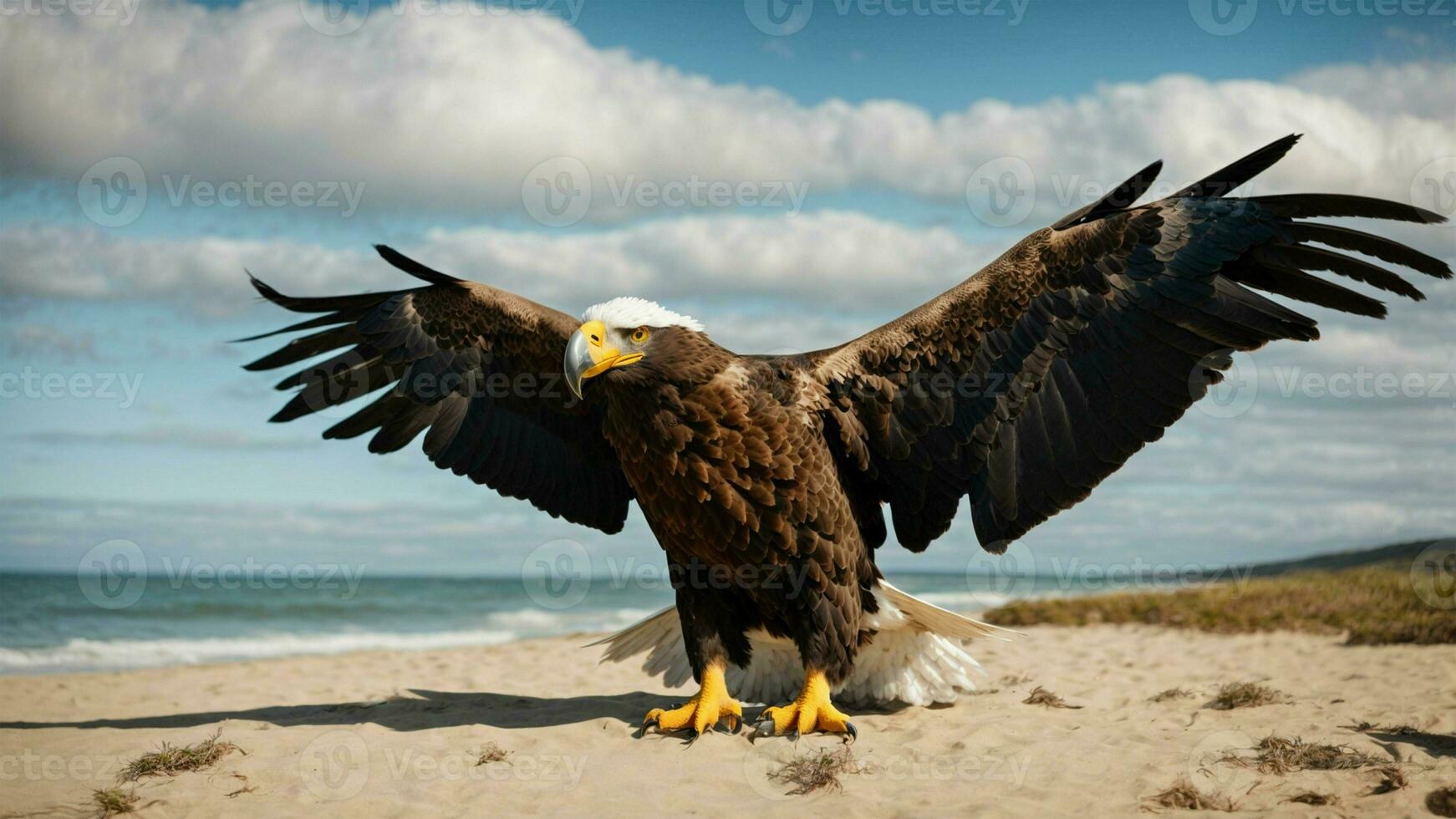 un hermosa verano día con azul cielo y un solitario de Steller mar águila terminado el playa ai generativo foto