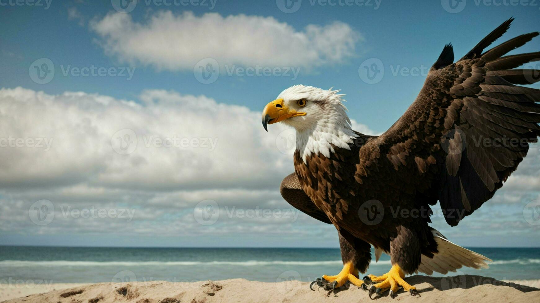 A beautiful summer day with blue sky and a lone Steller's sea eagle over the beach AI Generative photo