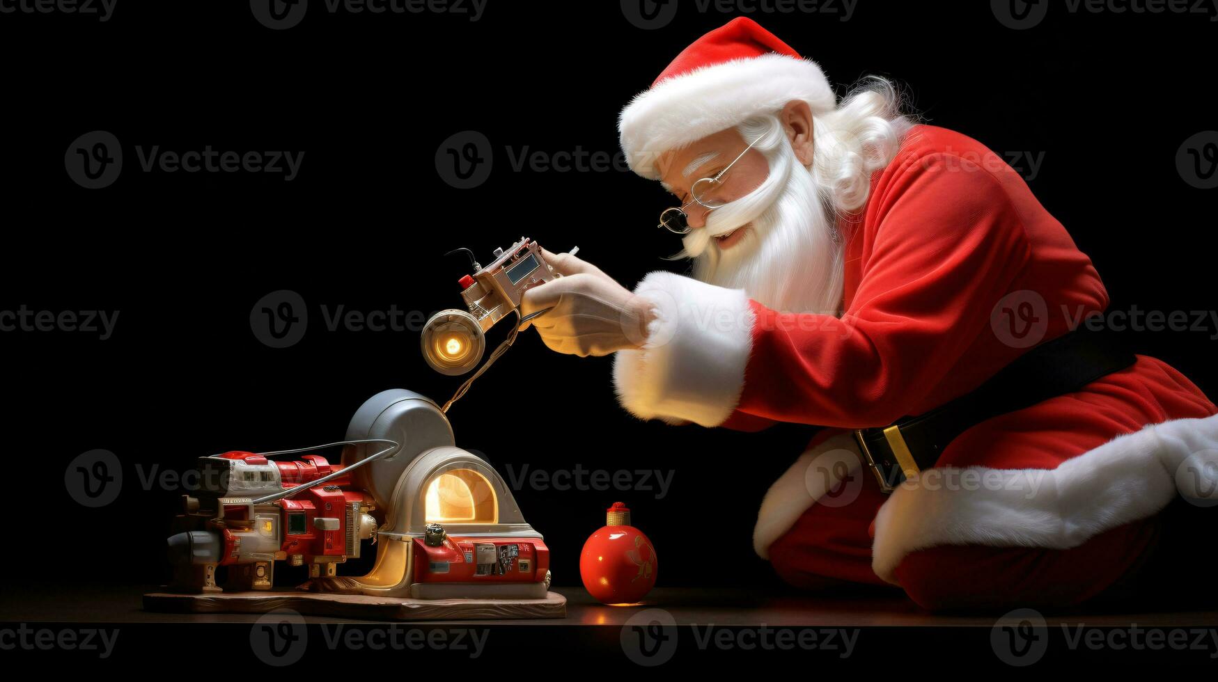 ai generative Santa in his workshop building, tinkering on toys photo