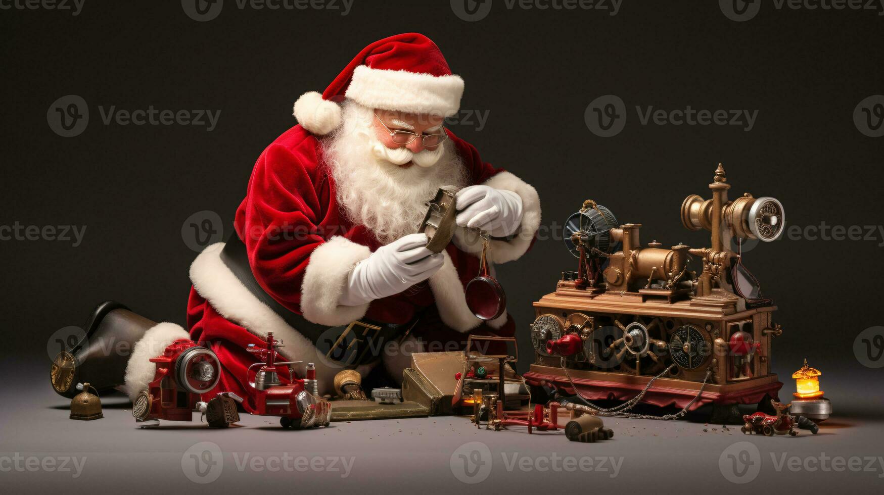 ai generative Santa in his workshop building, tinkering on toys photo