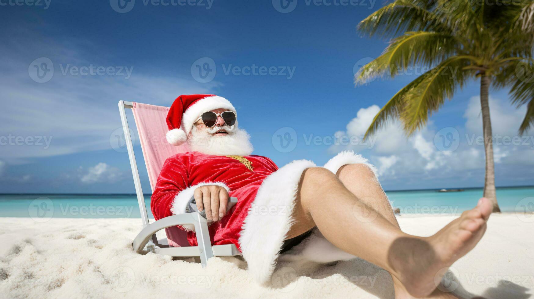 ai generativo Papa Noel en vacaciones relajante en un tropical playa foto