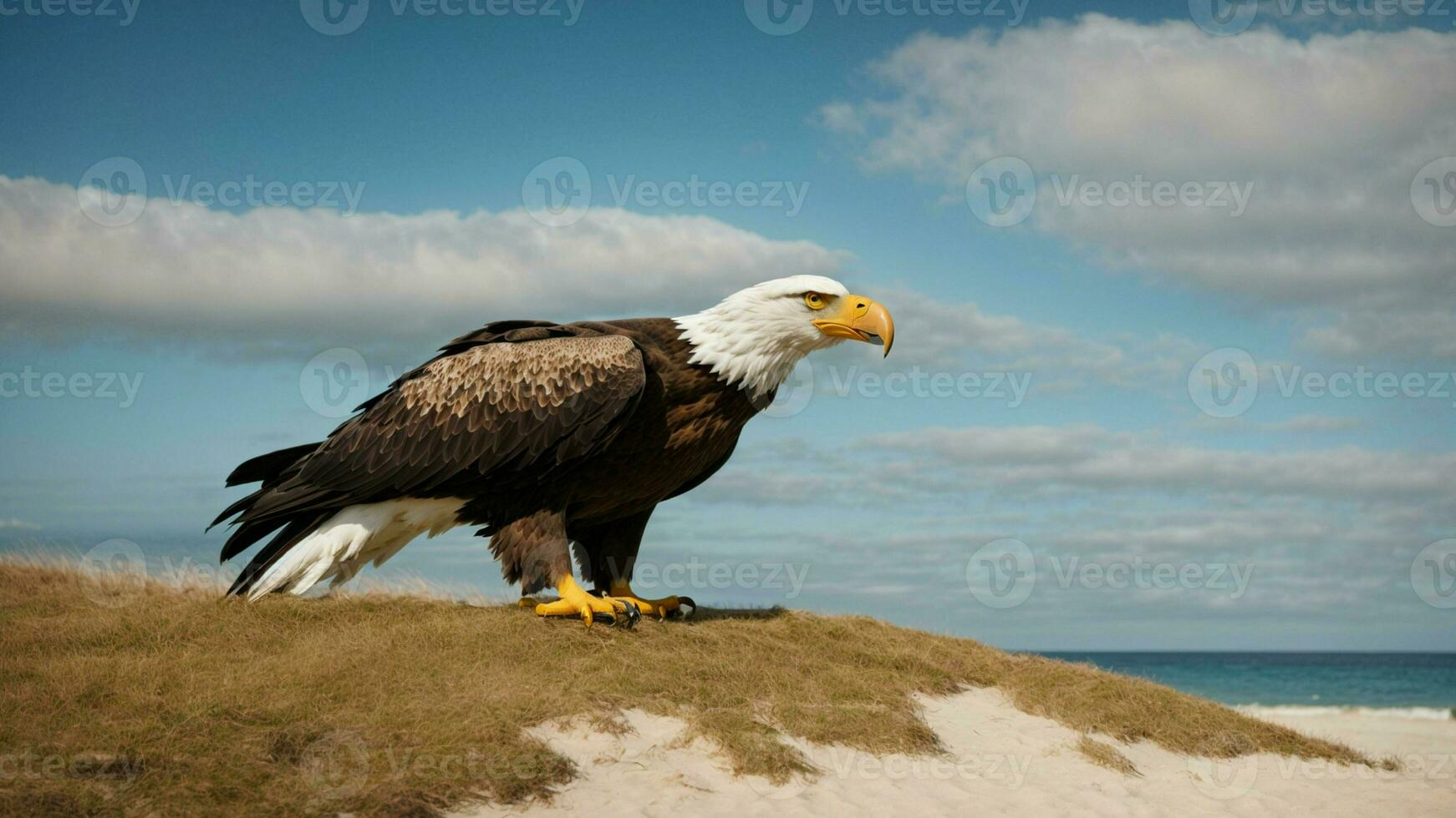 A beautiful summer day with blue sky and a lone Steller's sea eagle over the beach AI Generative photo