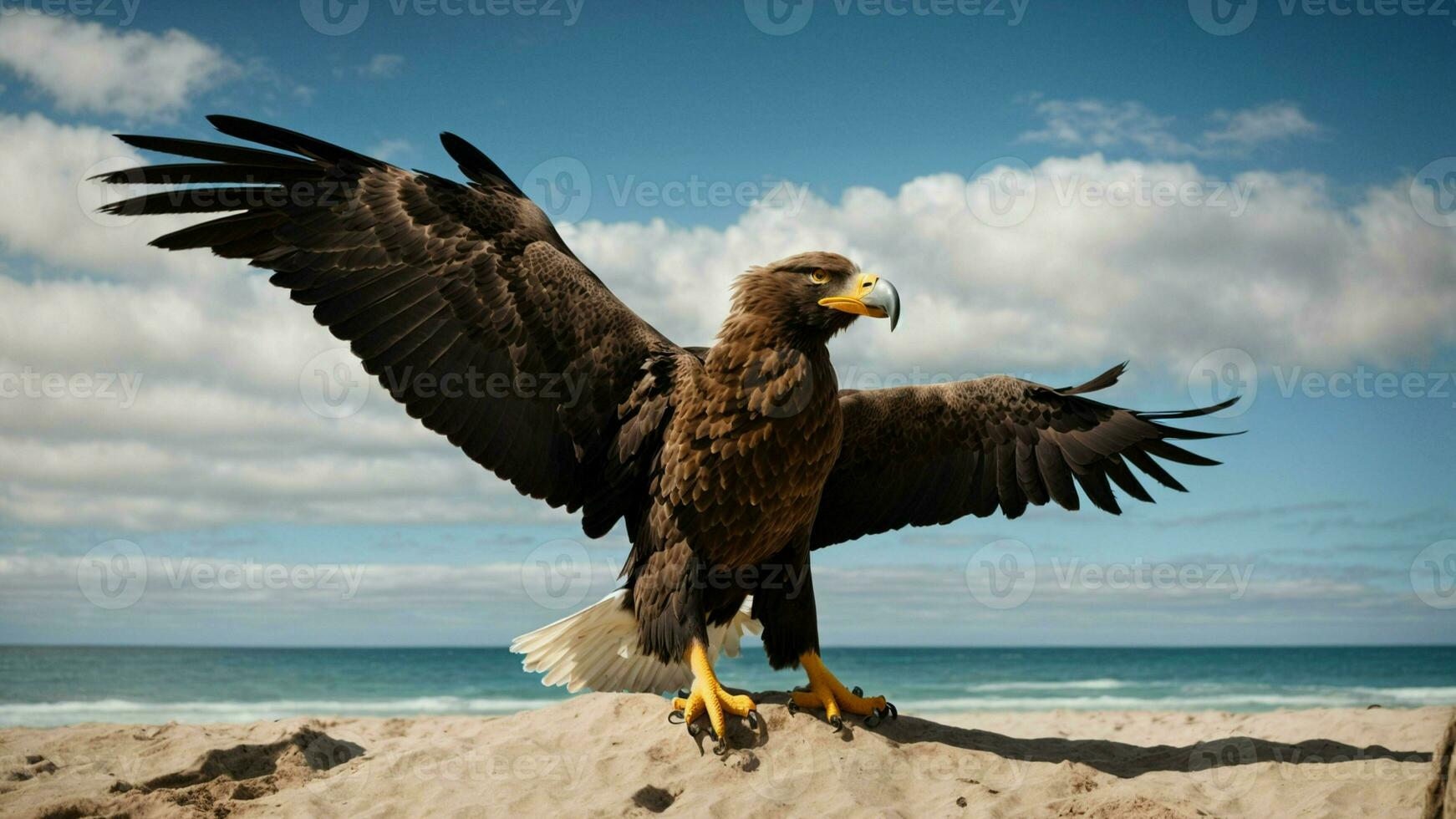 un hermosa verano día con azul cielo y un solitario de Steller mar águila terminado el playa ai generativo foto