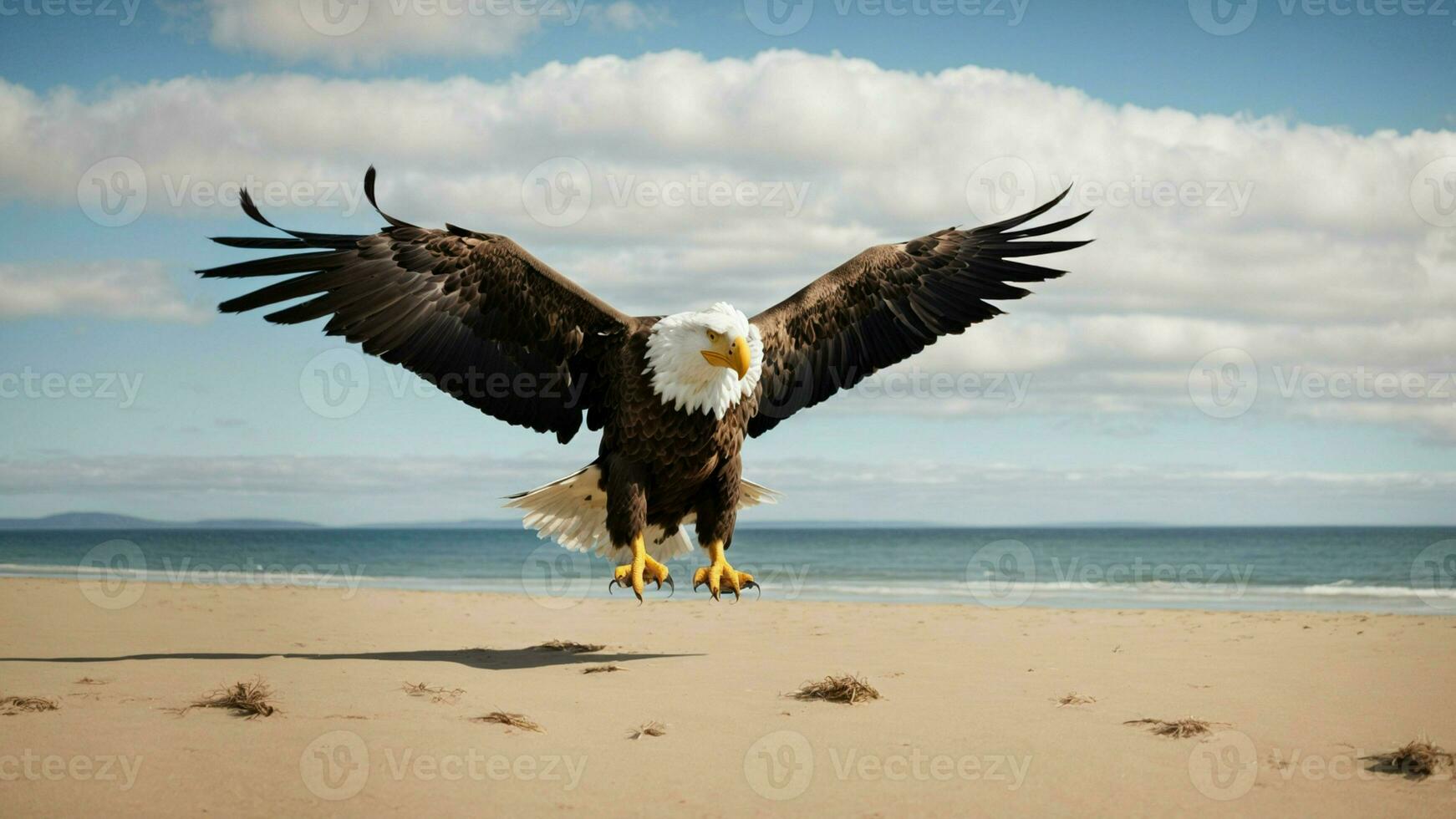 un hermosa verano día con azul cielo y un solitario de Steller mar águila terminado el playa ai generativo foto