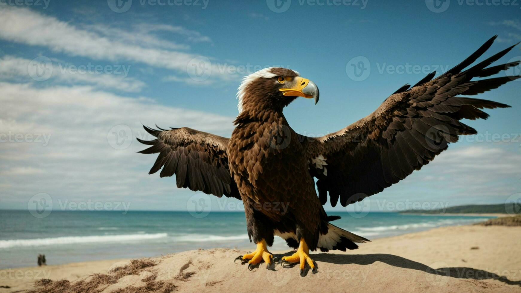 A beautiful summer day with blue sky and a lone Steller's sea eagle over the beach AI Generative photo