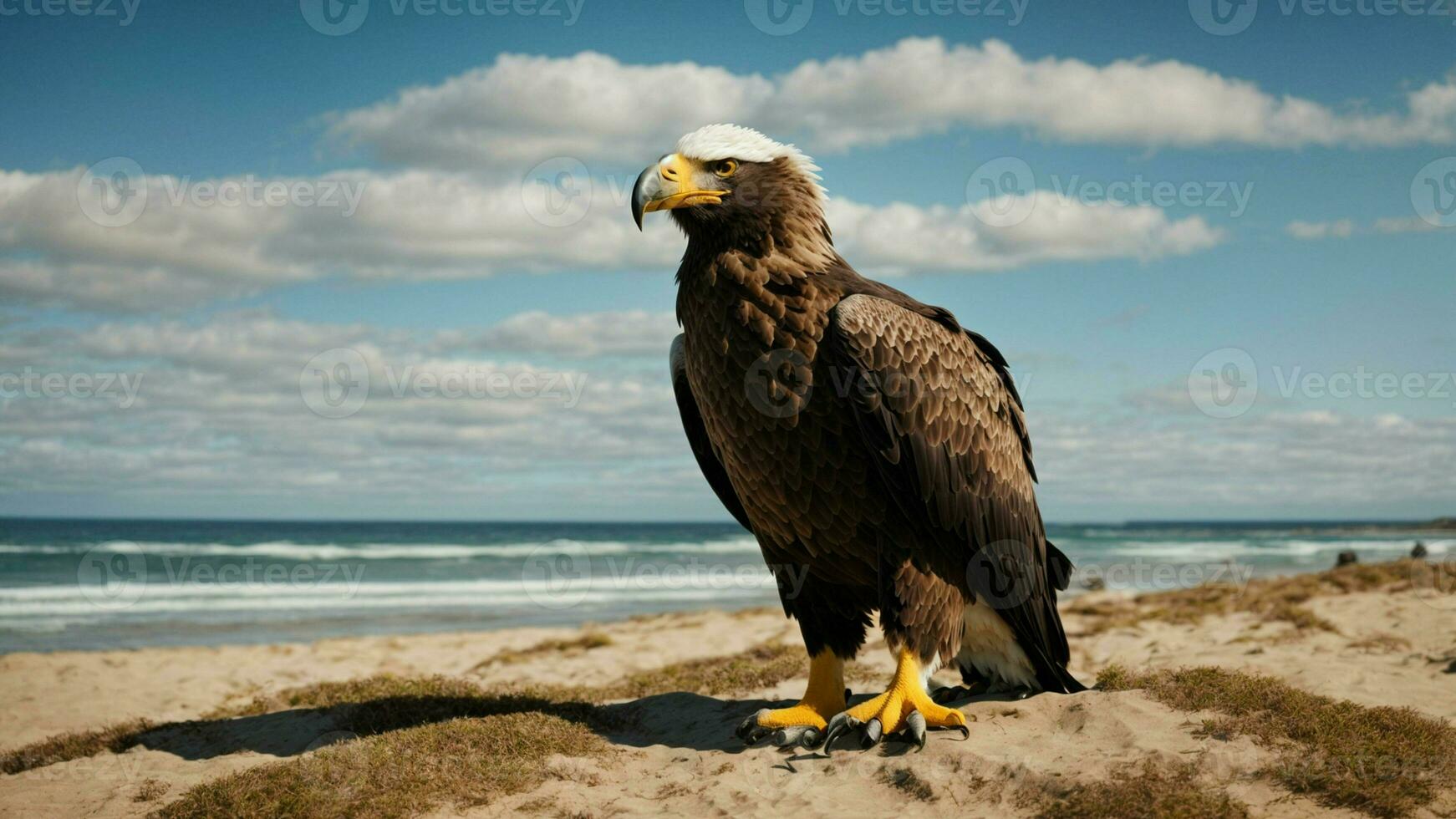 A beautiful summer day with blue sky and a lone Steller's sea eagle over the beach AI Generative photo