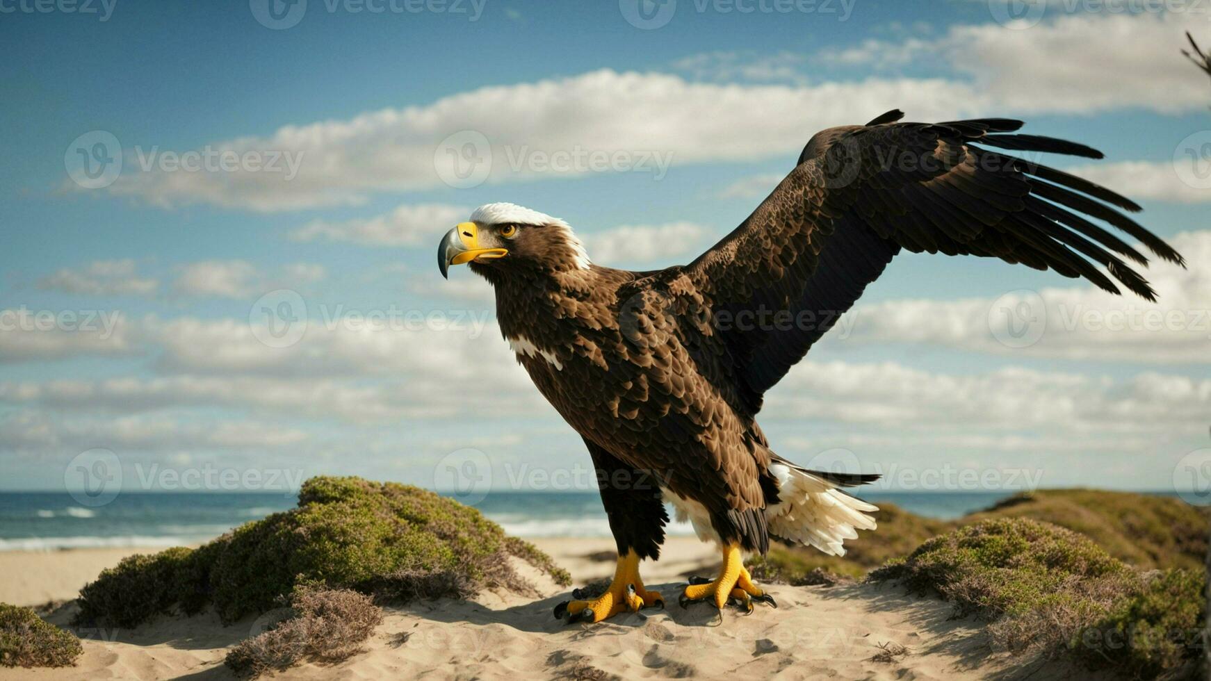 A beautiful summer day with blue sky and a lone Steller's sea eagle over the beach AI Generative photo