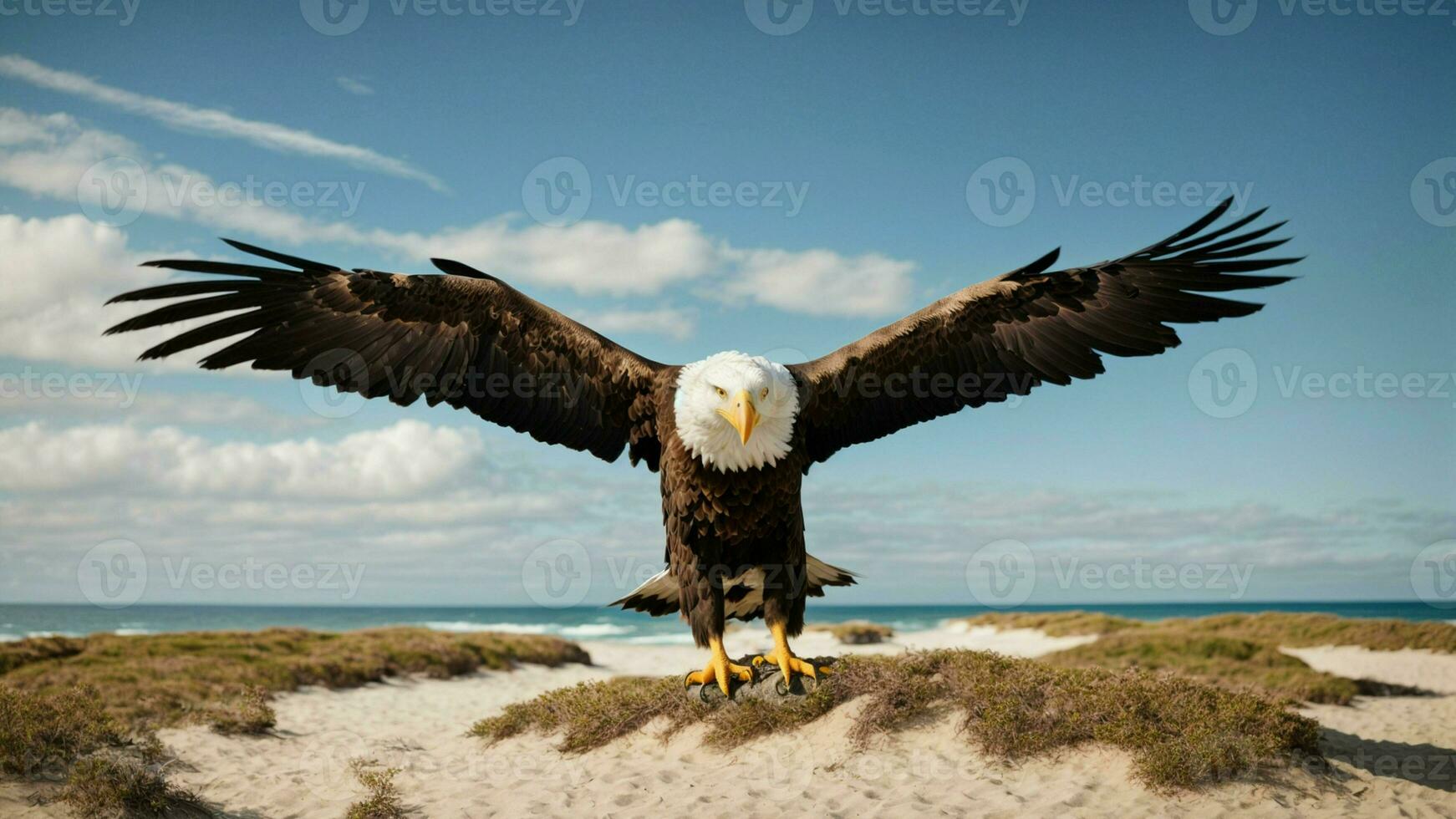 un hermosa verano día con azul cielo y un solitario de Steller mar águila terminado el playa ai generativo foto