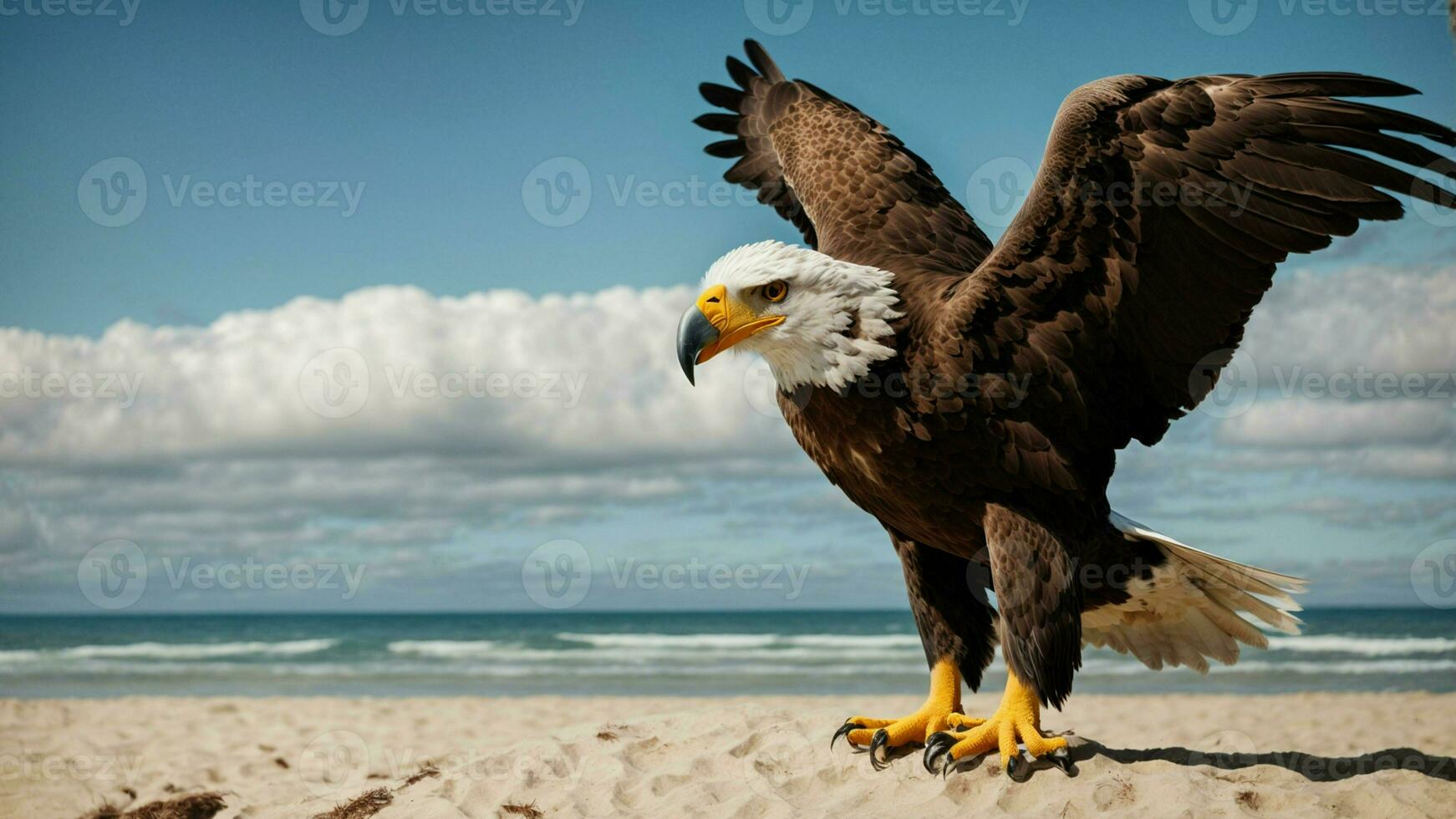 un hermosa verano día con azul cielo y un solitario de Steller mar águila terminado el playa ai generativo foto