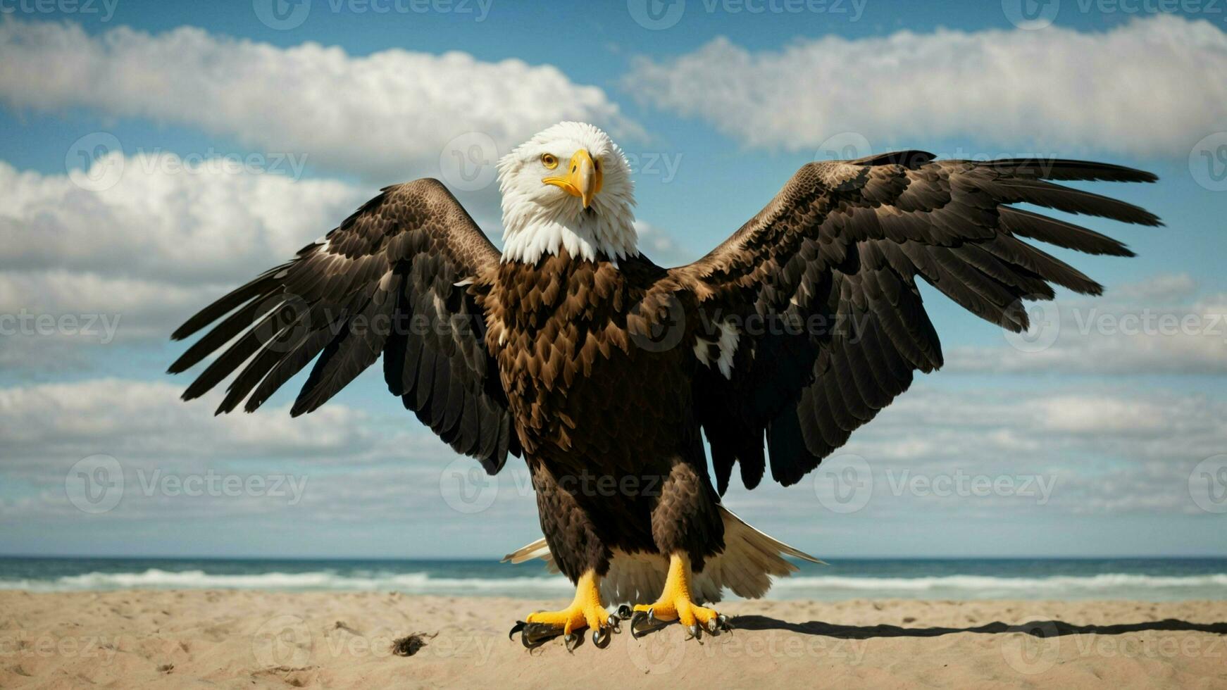 A beautiful summer day with blue sky and a lone Steller's sea eagle over the beach AI Generative photo