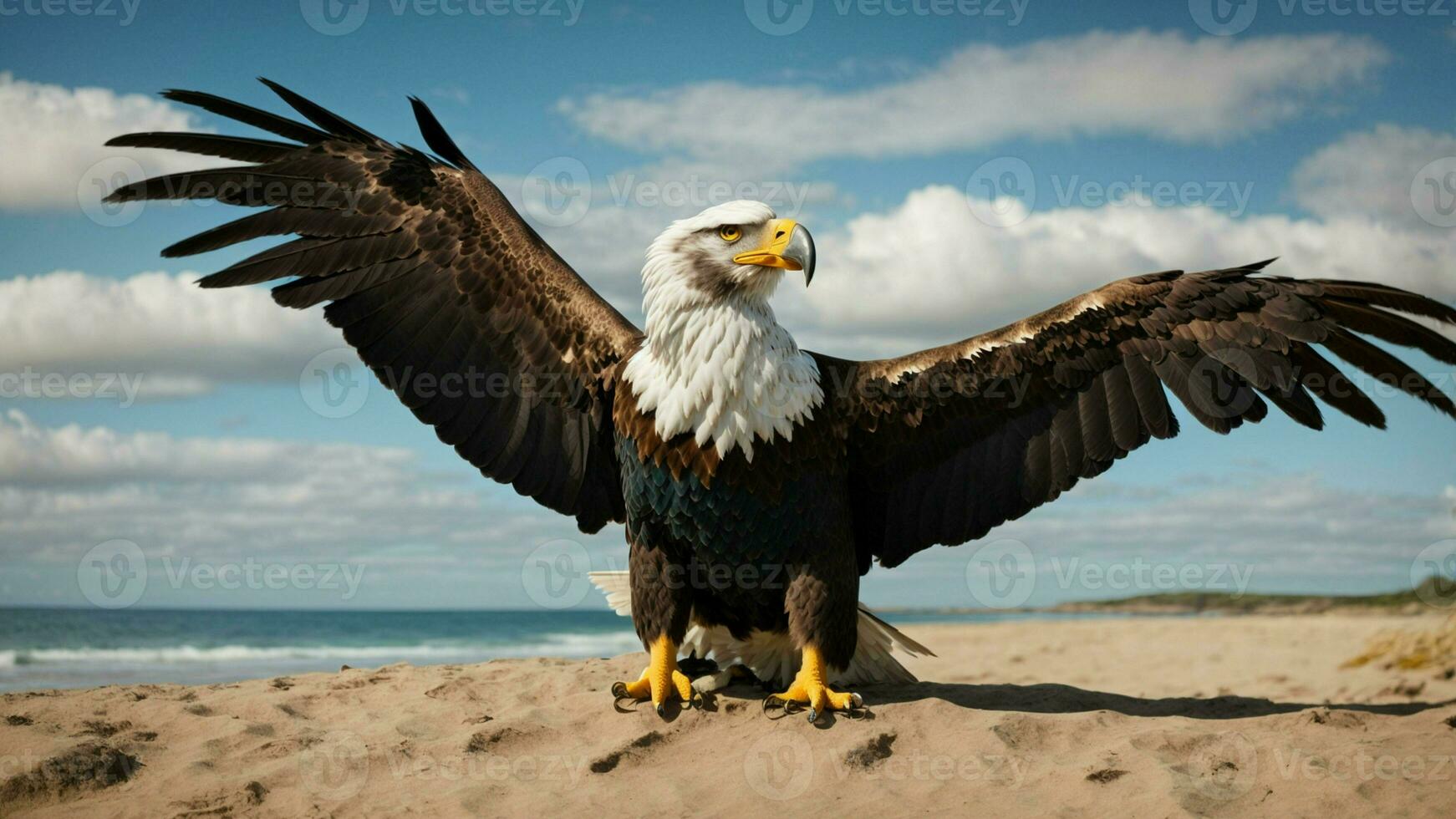 A beautiful summer day with blue sky and a lone Steller's sea eagle over the beach AI Generative photo