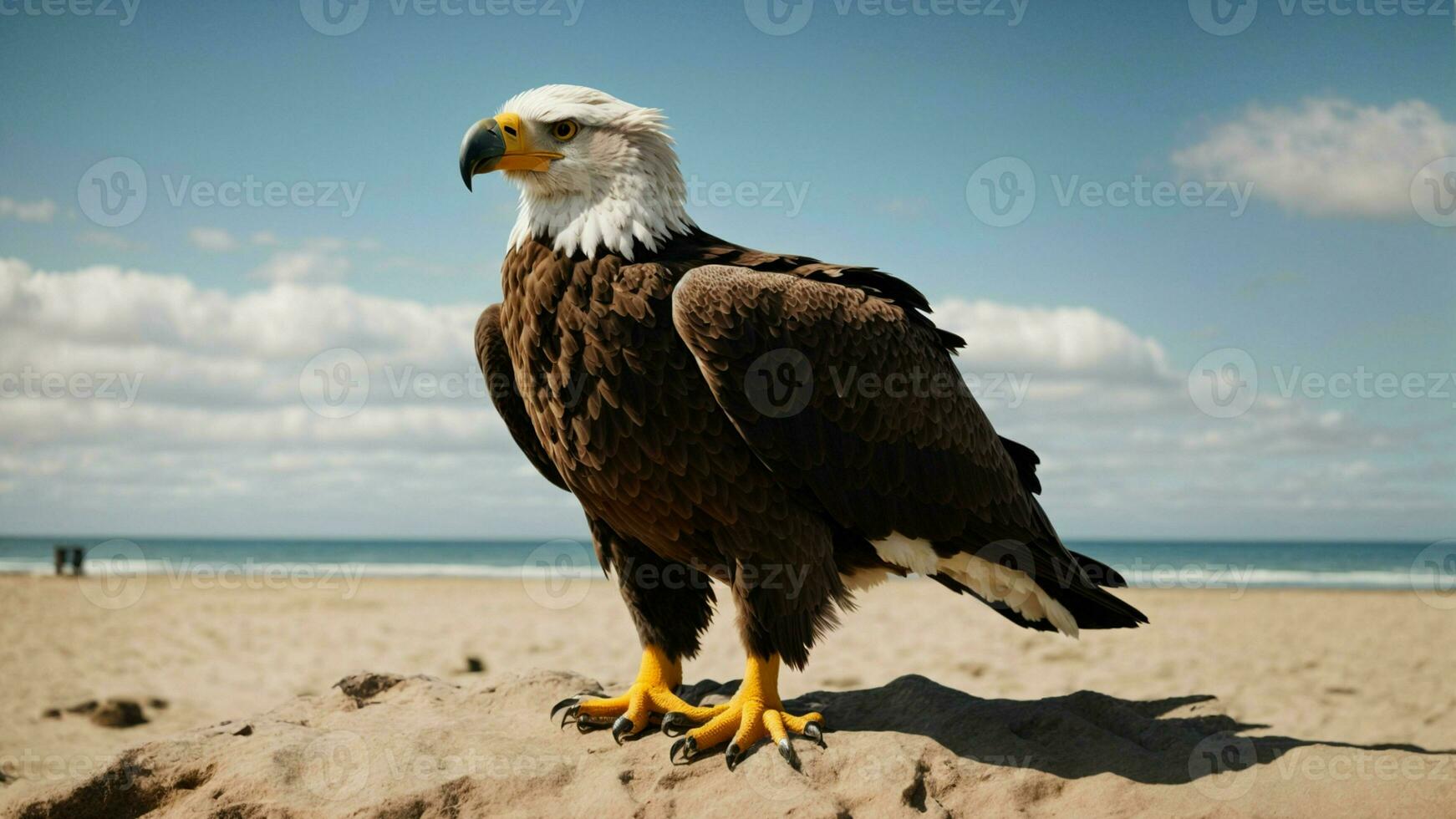 A beautiful summer day with blue sky and a lone Steller's sea eagle over the beach AI Generative photo