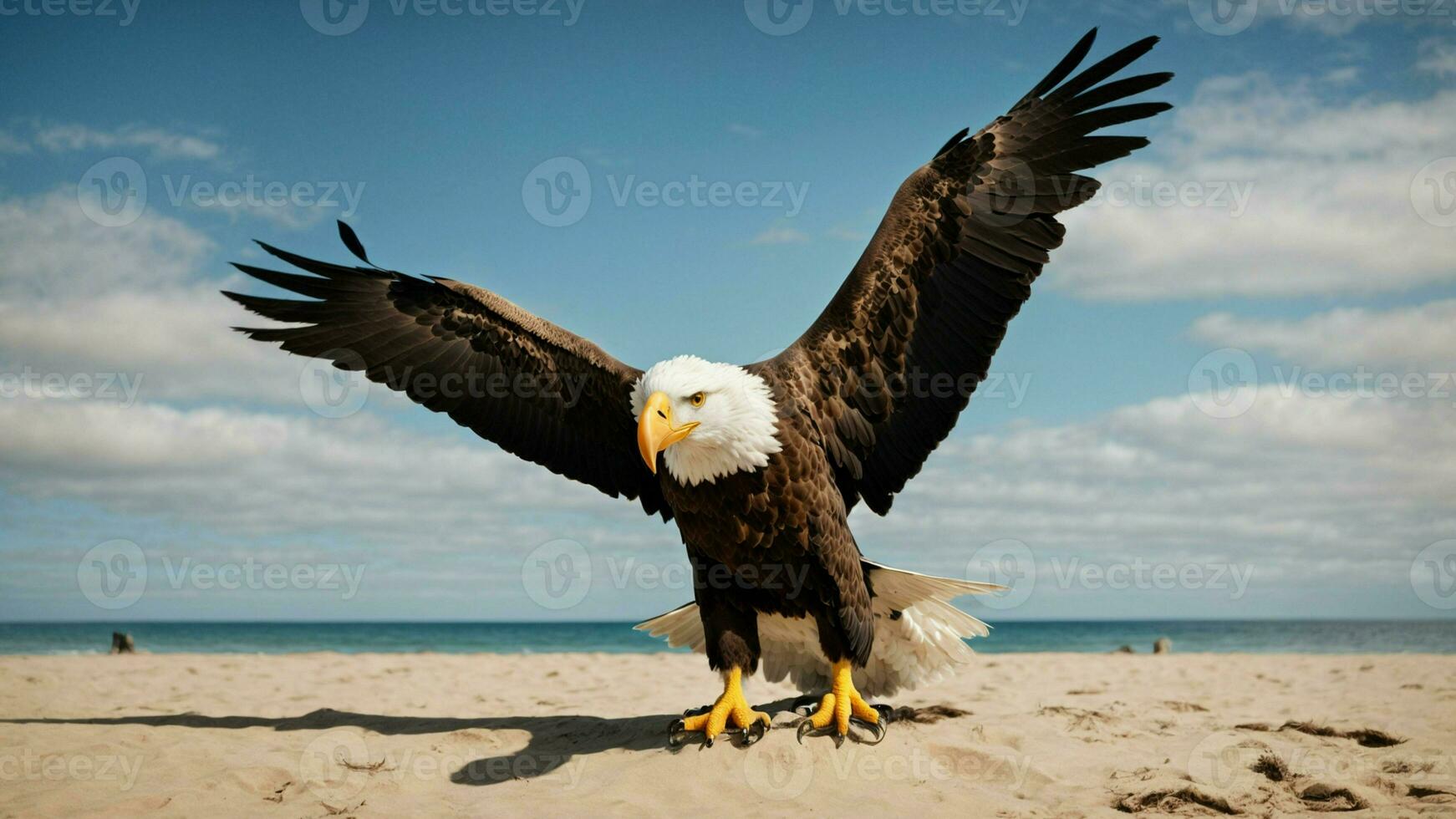 A beautiful summer day with blue sky and a lone Steller's sea eagle over the beach AI Generative photo