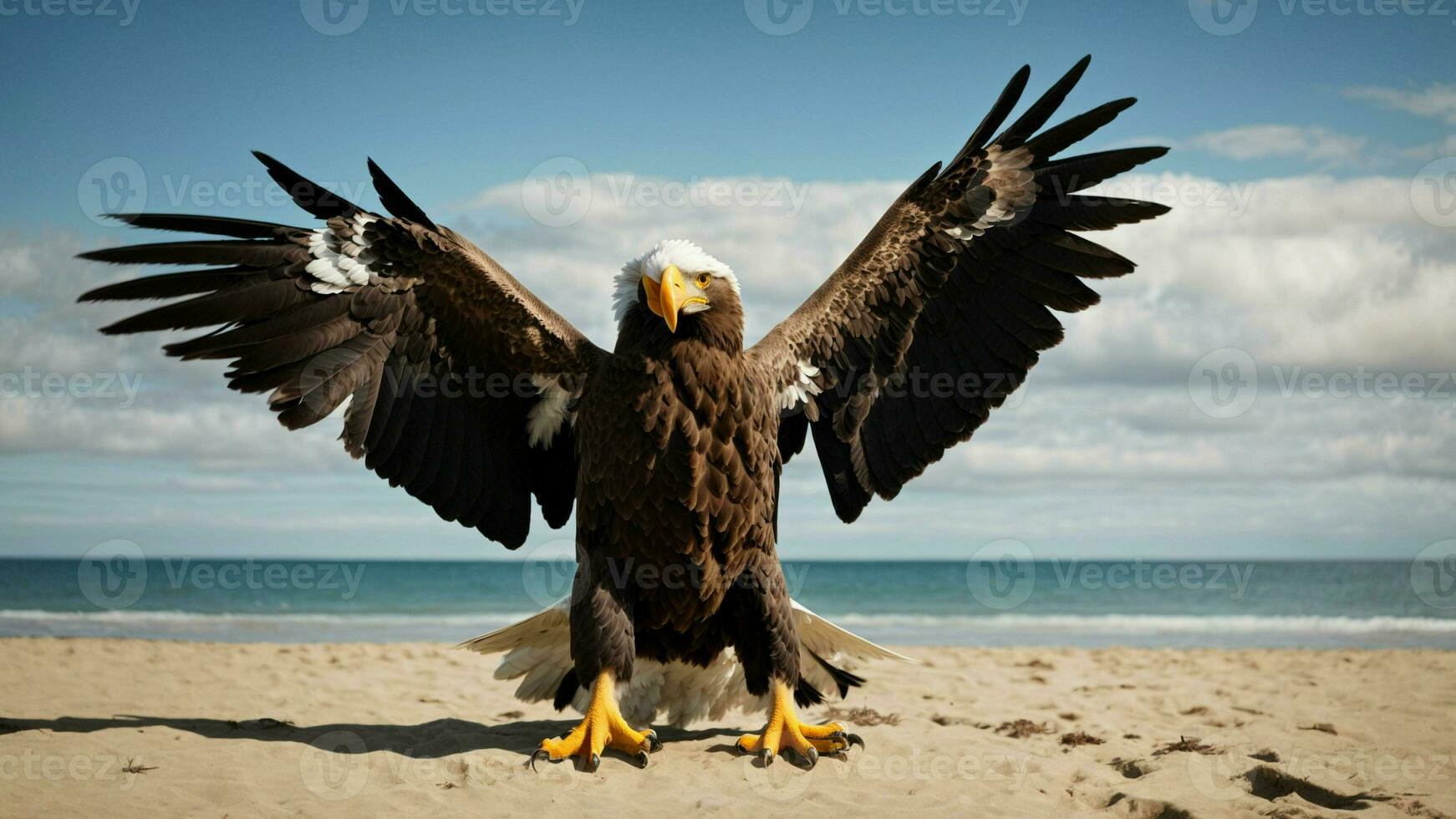 A beautiful summer day with blue sky and a lone Steller's sea eagle over the beach AI Generative photo