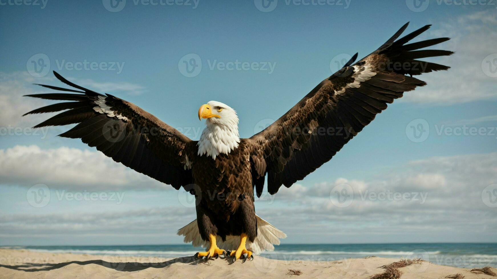 A beautiful summer day with blue sky and a lone Steller's sea eagle over the beach AI Generative photo