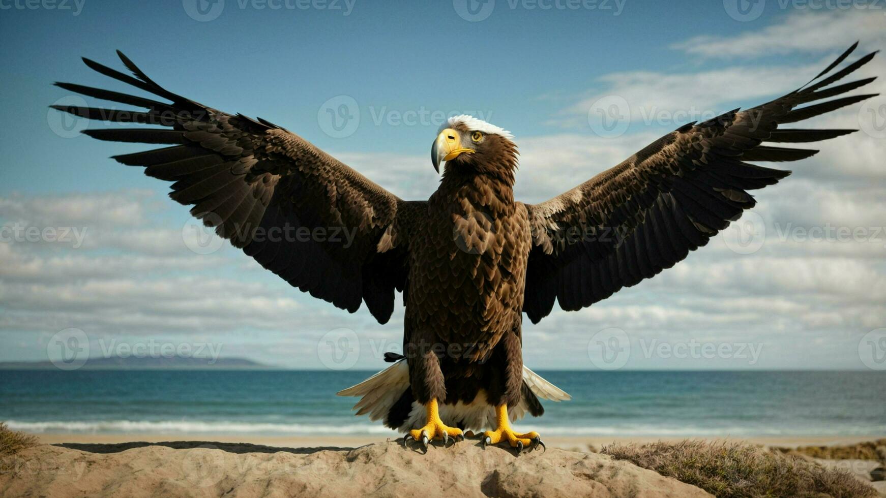 A beautiful summer day with blue sky and a lone Steller's sea eagle over the beach AI Generative photo