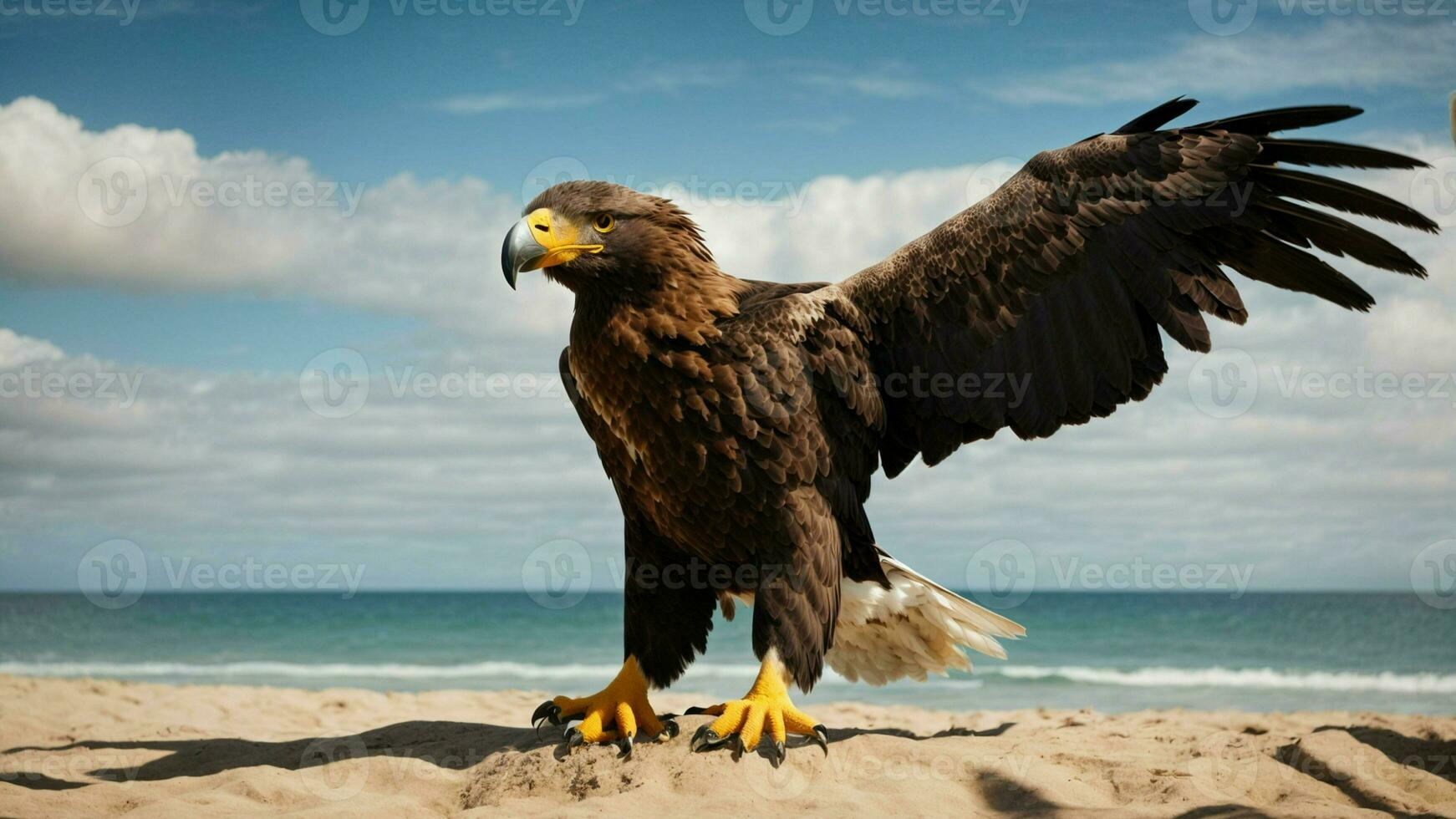 A beautiful summer day with blue sky and a lone Steller's sea eagle over the beach AI Generative photo