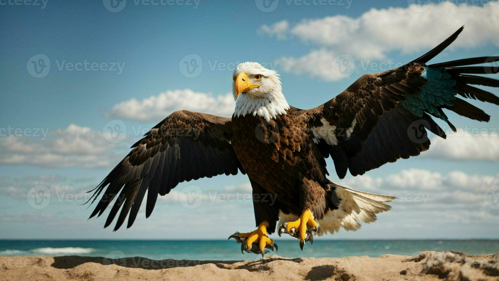 A beautiful summer day with blue sky and a lone Steller's sea eagle over the beach AI Generative photo