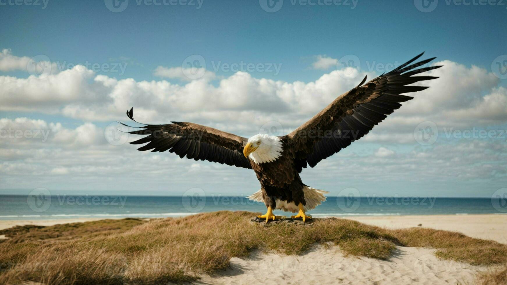 A beautiful summer day with blue sky and a lone Steller's sea eagle over the beach AI Generative photo