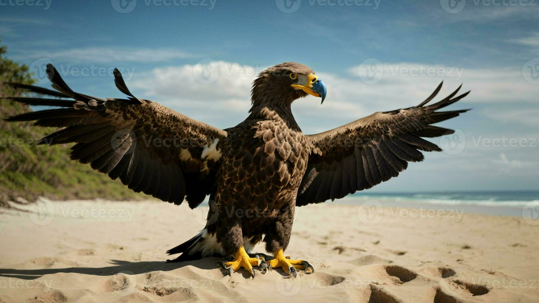 A beautiful summer day with blue sky and a lone Steller's sea eagle over the beach AI Generative photo